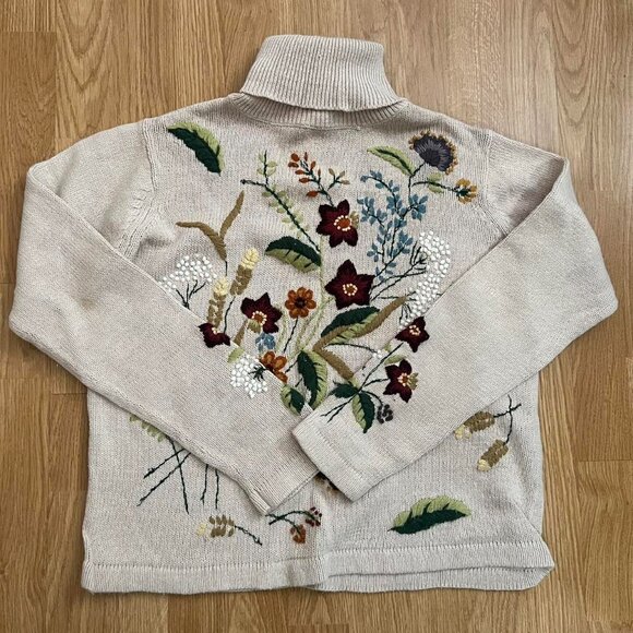 🍁Cottagecore Harvest Sweater Vintage All Points Embroidered Natural Textiles - Picture 2 of 5